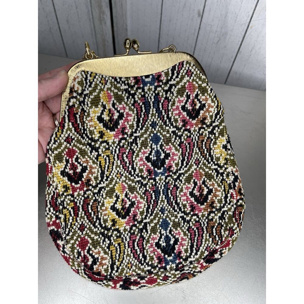 Vintage Tapestry Kisslock Handbag Multicolor Purse Gold Accent Made Japan